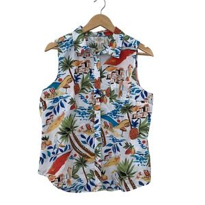 St Johns Bay Womens Sleeveless Button Down Shirt Tropical Print Paradise Size PL
